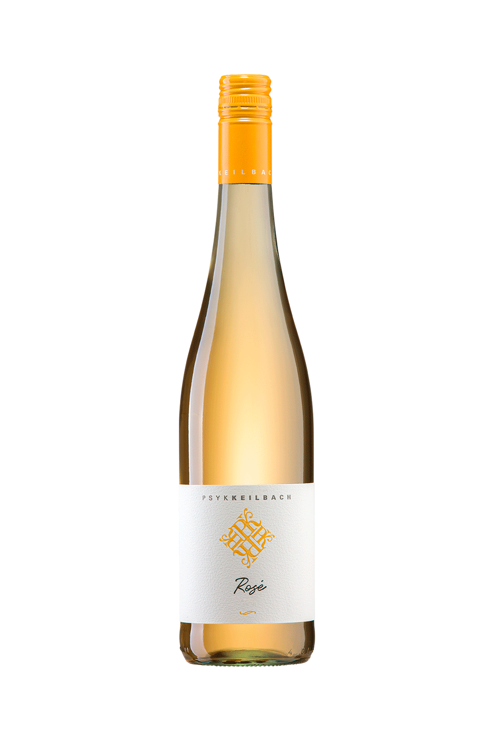 Eine schlanke Klarglas Schlegelflasche mit einem Maisgelben Schraubverschluss. Auf dem weißen Etikett befindet sich das Logo des Abfüllers PSYK KEILBACH, darunter der Name des Weines 'Rosé' und der Jahrgang.